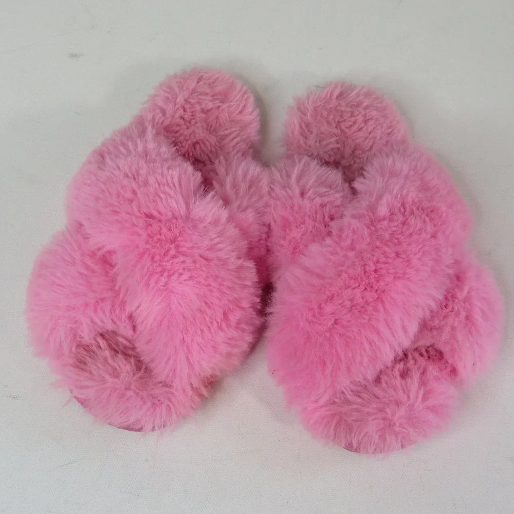 Girls Faux Fur Cross Strap Fluffy Slider Slippers Size S (13-1)